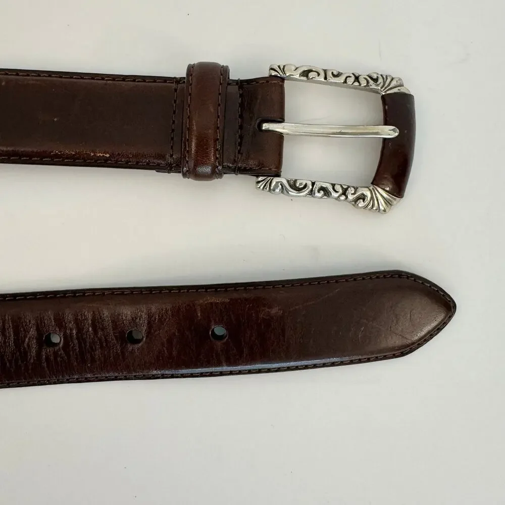 Fossil Brown Leather Belt Silver-Tone Hardware Boho Design Size M
